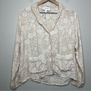 Cleobella‎ Women Button Down Top XS Embroidered Paisley Tan Cream Blouse